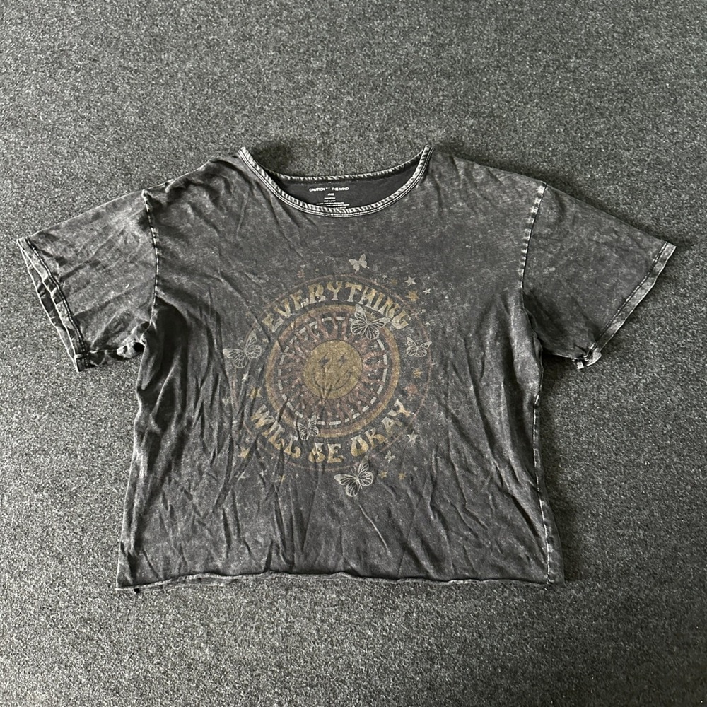 Caution to the Wind Womens Everything Will Be Okay Graphic Tee Mineral Wash LG